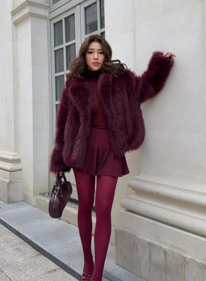 Yimoon Womens Faux Fur Coat Fluffy Jacket Long Sleeve Lapel Furry Warm Winter Shaggy Parka Short Coat with Pockets, Winered, XL - Image 4