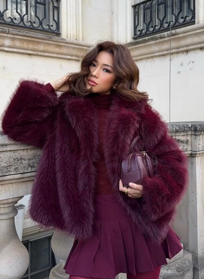 Yimoon Womens Faux Fur Coat Fluffy Jacket Long Sleeve Lapel Furry Warm Winter Shaggy Parka Short Coat with Pockets, Winered, XL - Image 3