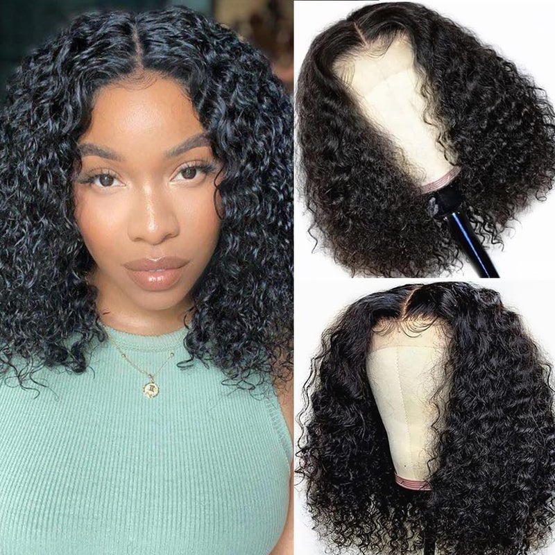 JOEDIR HAIR Curly Bob Wig Human Hair Short Deep Wave Lace Front Wig for Women 10 inch Natural Black T Part Wig Jerry Curl Bob Wig 150 Density