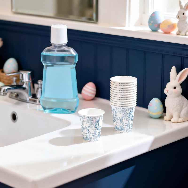 WRAPAHOLIC 3oz Easter Paper Cups - 100 Pack Disposable Bathroom Cups with Blue Sketch Bunny Design, Small Mouthwash Cup for Toothbrush Rinse, Bathroom, Easter, Baby Shower and Party - Image 3