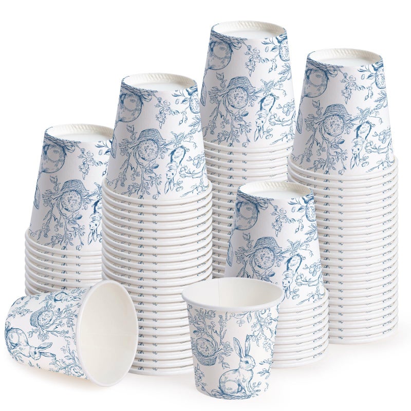 WRAPAHOLIC 3oz Easter Paper Cups - 100 Pack Disposable Bathroom Cups with Blue Sketch Bunny Design, Small Mouthwash Cup for Toothbrush Rinse, Bathroom, Easter, Baby Shower and Party - Image 1