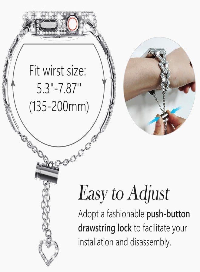 WINGLE Bling Band Case for Apple Watch Band Women 44mm SE 3/2/1 Series 6 5 4, Luxury Sparkle Rhinestone Crystal Metal Band Designer Chain Bracelet Diamond Screen Protector Case, 44 mm Silver - Image 5