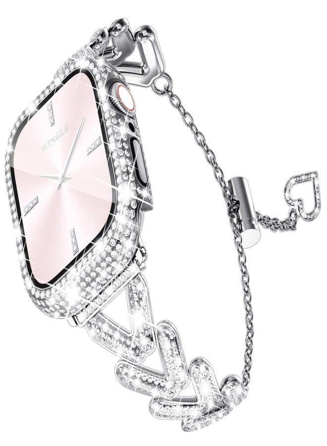 WINGLE Bling Band Case for Apple Watch Band Women 44mm SE 3/2/1 Series 6 5 4, Luxury Sparkle Rhinestone Crystal Metal Band Designer Chain Bracelet Diamond Screen Protector Case, 44 mm Silver - Image 1