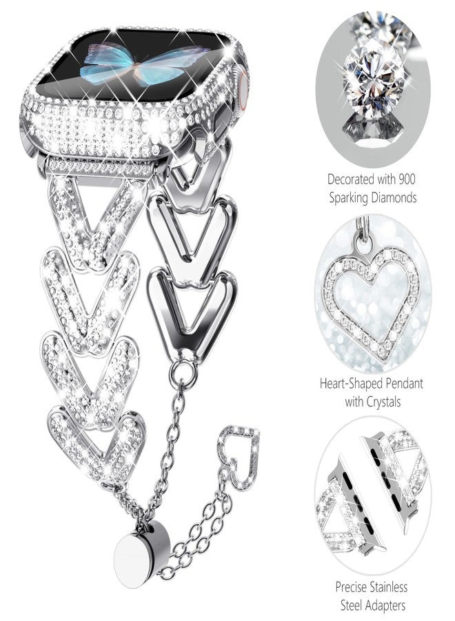 WINGLE Bling Band Case for Apple Watch Band Women 44mm SE 3/2/1 Series 6 5 4, Luxury Sparkle Rhinestone Crystal Metal Band Designer Chain Bracelet Diamond Screen Protector Case, 44 mm Silver - Image 2