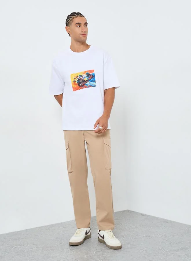 Styli Men White Graphic Print Oversized T-Shirt