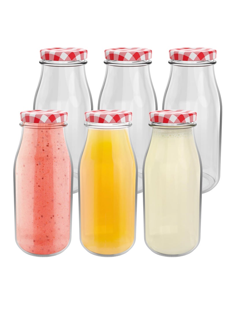 SYOSI Glass Bottles for 280ml Set of 6 Clear Glass Milk Bottles with Red Gingham Lids Metal Airtight Lids for Beverages Retro Glass Juice Liquids Décor Bottles for Weddings BBQ's Picnics - Image 1