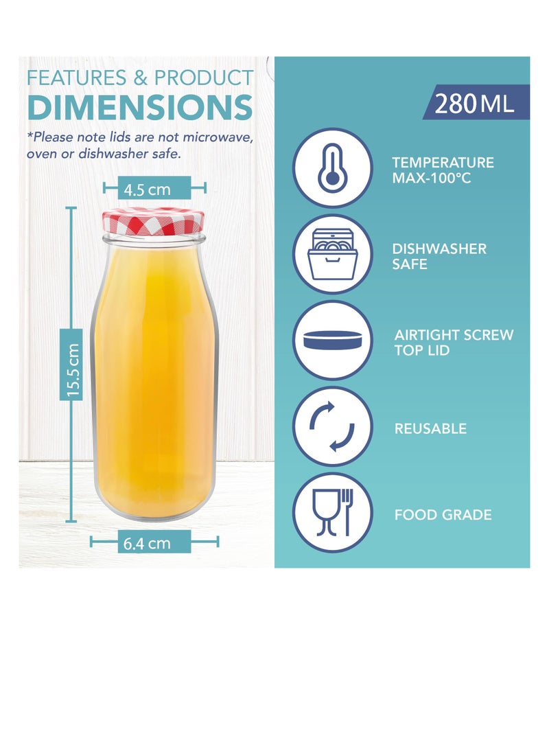 SYOSI Glass Bottles for 280ml Set of 6 Clear Glass Milk Bottles with Red Gingham Lids Metal Airtight Lids for Beverages Retro Glass Juice Liquids Décor Bottles for Weddings BBQ's Picnics - Image 2