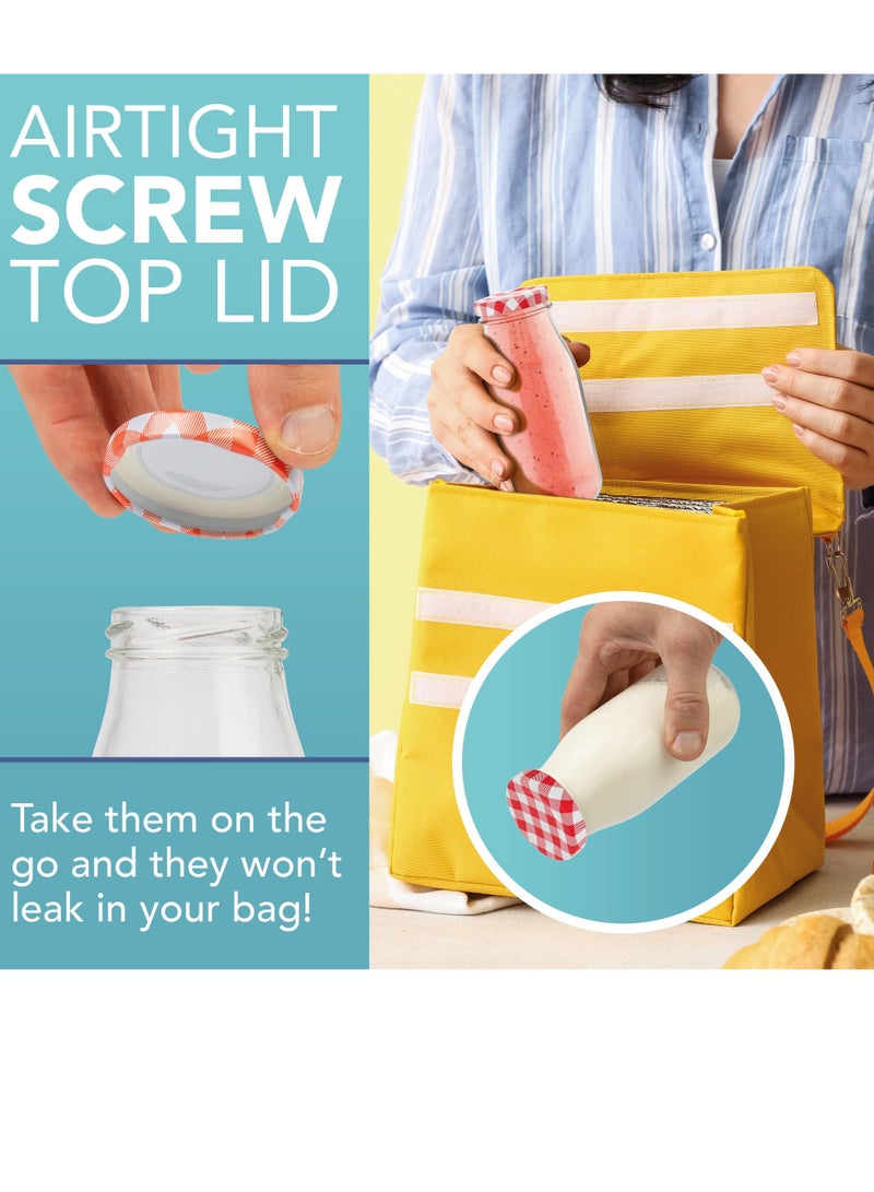 SYOSI Glass Bottles for 280ml Set of 6 Clear Glass Milk Bottles with Red Gingham Lids Metal Airtight Lids for Beverages Retro Glass Juice Liquids Décor Bottles for Weddings BBQ's Picnics - Image 3