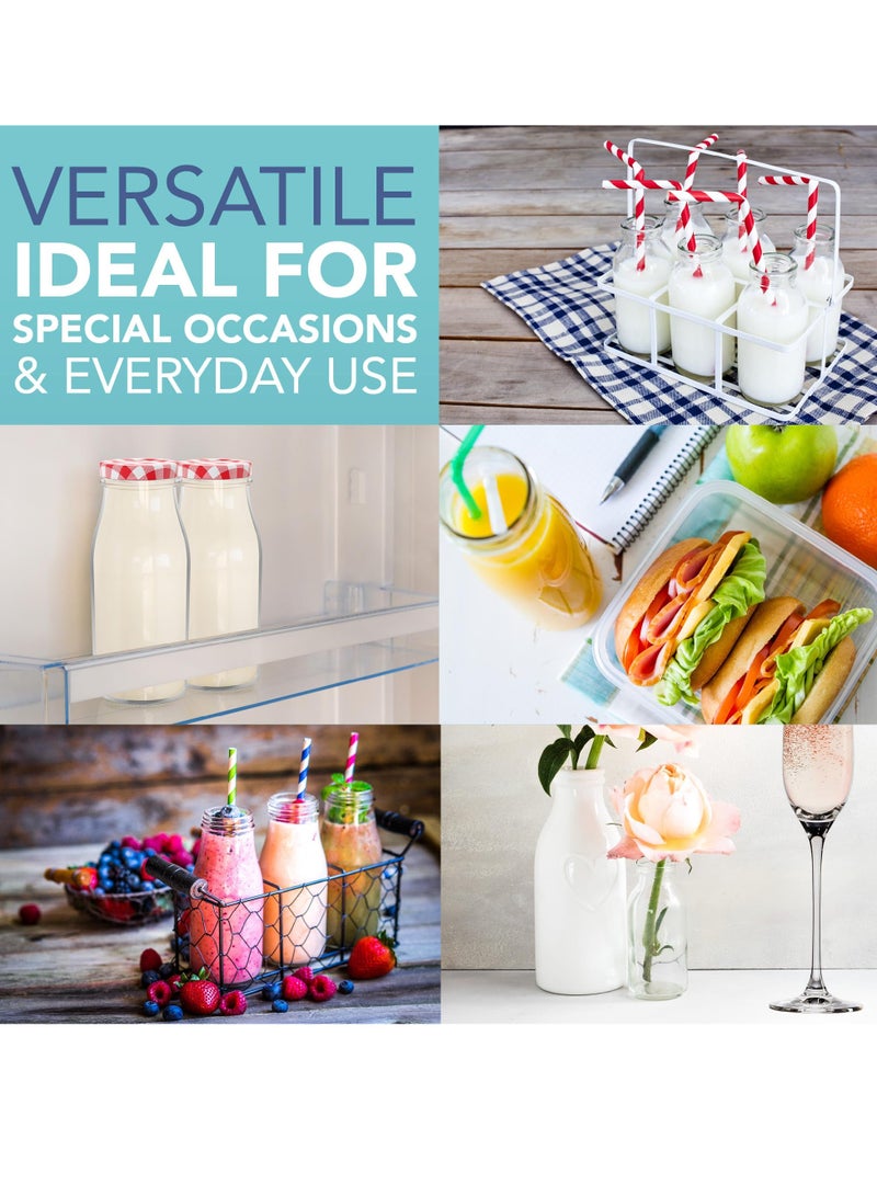 SYOSI Glass Bottles for 280ml Set of 6 Clear Glass Milk Bottles with Red Gingham Lids Metal Airtight Lids for Beverages Retro Glass Juice Liquids Décor Bottles for Weddings BBQ's Picnics - Image 5