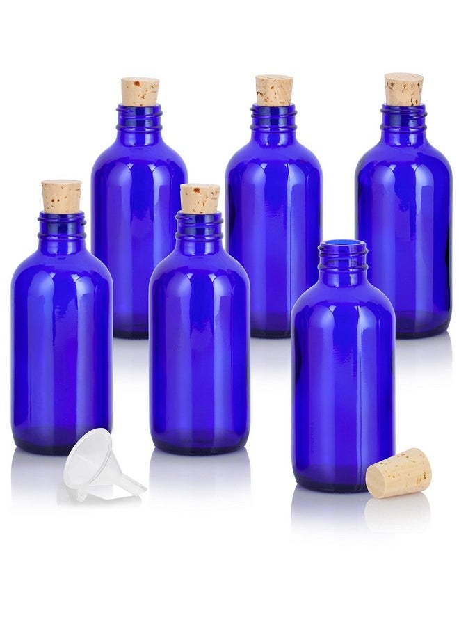 JUVITUS JUVITUS 8 oz Glass Cobalt Blue Boston Round Bottle with Cork Stopper Closure (6 Pack) + Funnel and Travel Foamer  - Image 1