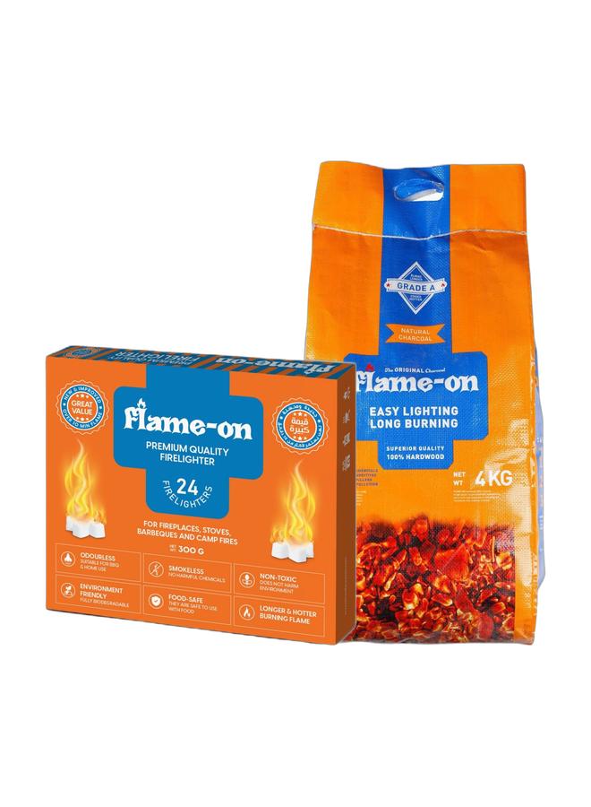 Flame-On Firelighter Cubes 24 Pcs & Flame-on Superior Quality Grade A Natural Hardwood Barbeque BBQ Charcoal 4 KgBundle - Image 1
