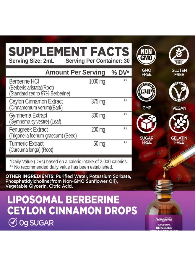 Hollegend قطرات بربرين سائلة ليبوسومال خالية من السكر، مستخلص بربرين مع مكمل قرفة سيلون للبالغين، دعم المناعة والهضم، نكهة ليمون طبيعية، 2 أونصة سائلة - Image 2