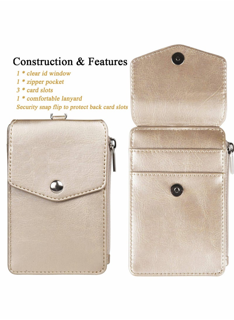 Excefore Badge Holder with Zipper PU Leather ID Card Wallet 1 Clear Window and 3 Slots Secure Cover Nylon Lanyard for Office School ID, Credit Cards, Driver Licence  - Image 2