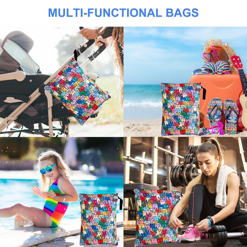 FLOCK THREE Washable and Reusable Wet Dry Bag Diaper Bag Water Resistant Swimming Bag Travel Toiletries Pouch Yoga Gym Bag Cute Cat 12.6'' x 16.5'' - Image 4