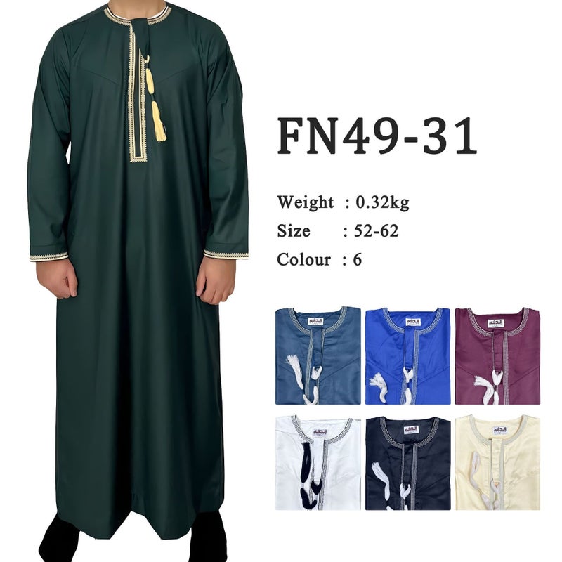 Men's Solid Crew Neck Embroidered Tassel Kaftan Long Sleeve Robe - Image 1