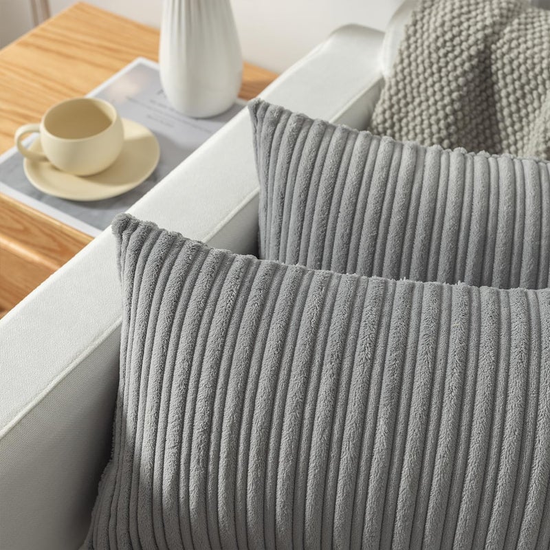 K KEVIN TEXTILE Kevin Textile Decorative Pillow Covers Decor Supersoft Striped Velvet Throw Toss Pillowcase Cushion Cover for Chair  Light Grey  (45x45 cm  18inch)  2 Pieces  - Image 2