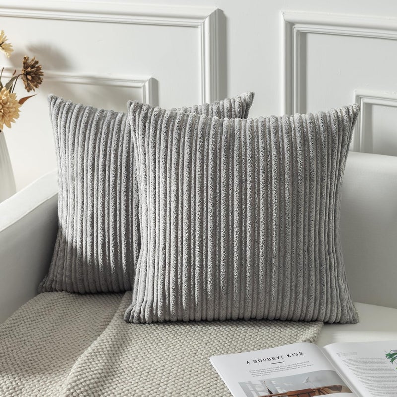 K KEVIN TEXTILE Kevin Textile Decorative Pillow Covers Decor Supersoft Striped Velvet Throw Toss Pillowcase Cushion Cover for Chair  Light Grey  (45x45 cm  18inch)  2 Pieces  - Image 1