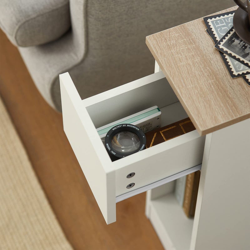 SoBuy Nightstand Narrow Night Stand Modern Design Bedside Furniture Slim End Table Storage Cabinet with Sliding Drawer and Open Compartment, White & Natural FBT111-WN - Image 5