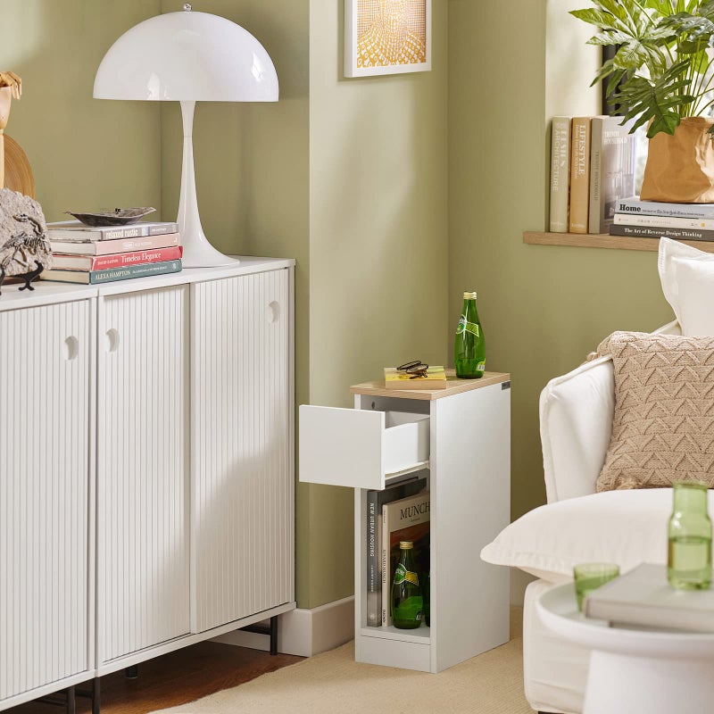SoBuy Nightstand Narrow Night Stand Modern Design Bedside Furniture Slim End Table Storage Cabinet with Sliding Drawer and Open Compartment, White & Natural FBT111-WN - Image 2