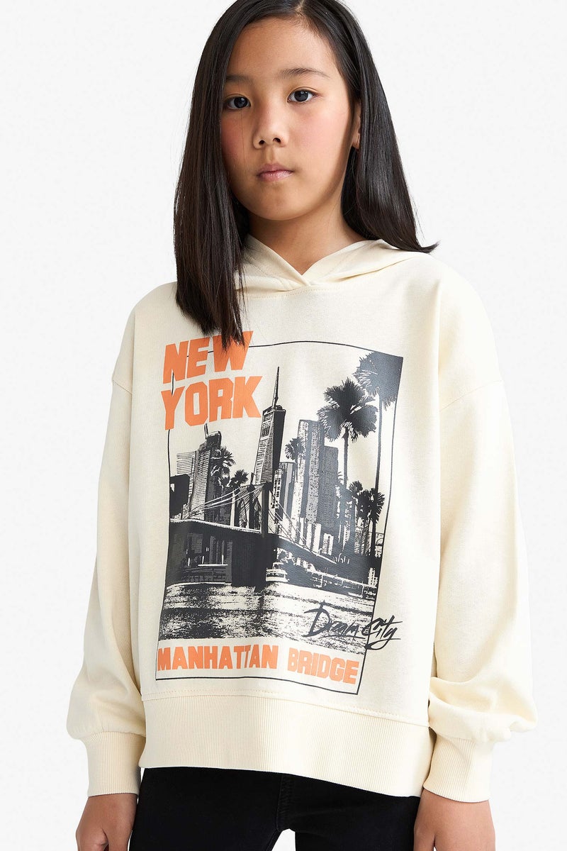 DeFacto Beige Girl Girl Oversize Fit Crew Neck Animal Printed Thick Fabric Sweatshirt Casual - Image 1