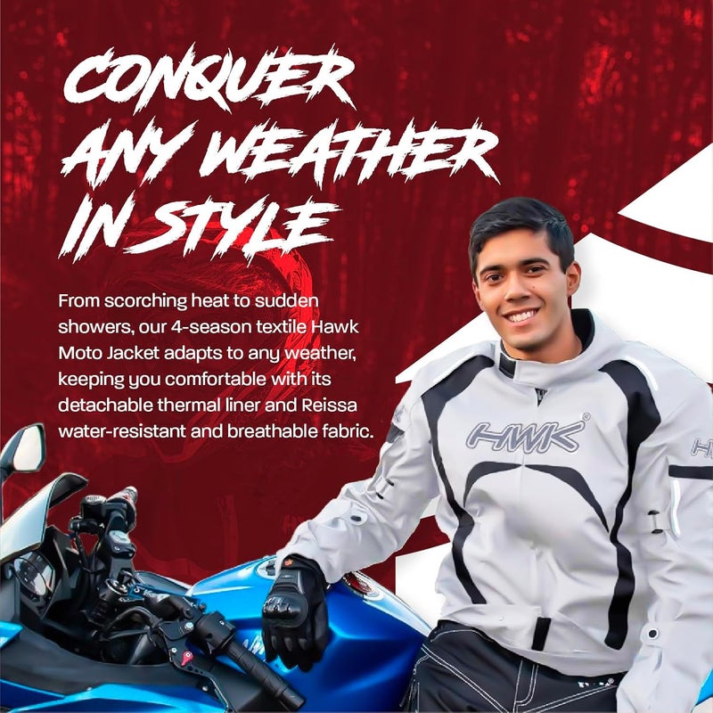 HWK Men's Motorcycle Jacket - Hi-Vis CE Armored Water Resistant Textile Racing Jacket (Silver, 2XL) - Image 5