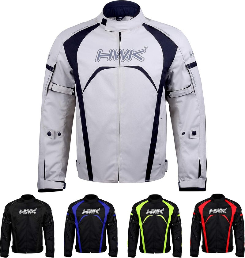 HWK Men's Motorcycle Jacket - Hi-Vis CE Armored Water Resistant Textile Racing Jacket (Silver, 2XL) - Image 1