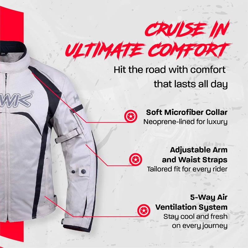 HWK Men's Motorcycle Jacket - Hi-Vis CE Armored Water Resistant Textile Racing Jacket (Silver, 2XL) - Image 3