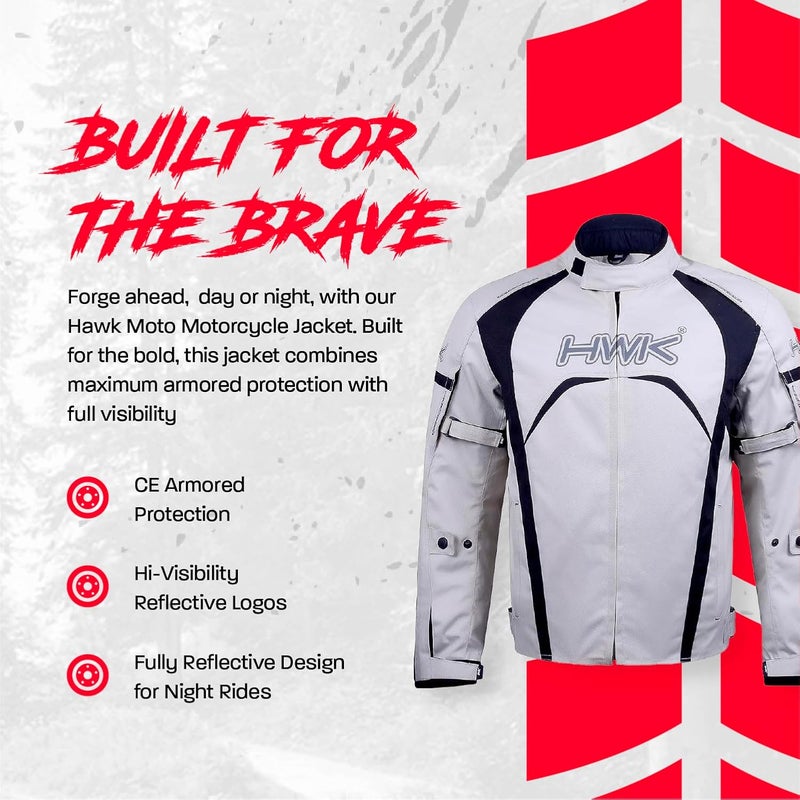 HWK Men's Motorcycle Jacket - Hi-Vis CE Armored Water Resistant Textile Racing Jacket (Silver, 2XL) - Image 2