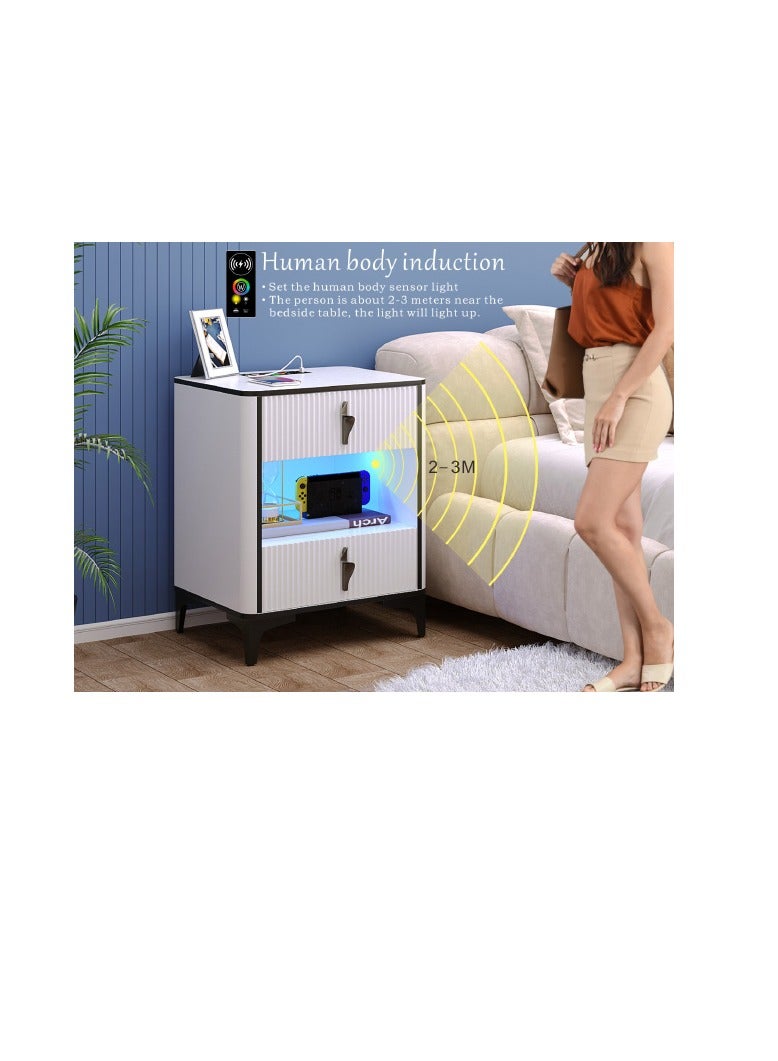  CityRiya-Long طاولة ليلية ذكية / جنب السرير مع الشحن اللاسلكي والضوء LED المنشط بالحركة ، 2 درجات ورف مفتوح ، موانئ USB / نوع C ، طاولة نهاية حديثة لغرفة النوم ، غرفة المعيشة ، مكتب (أبيض)  - Image 2