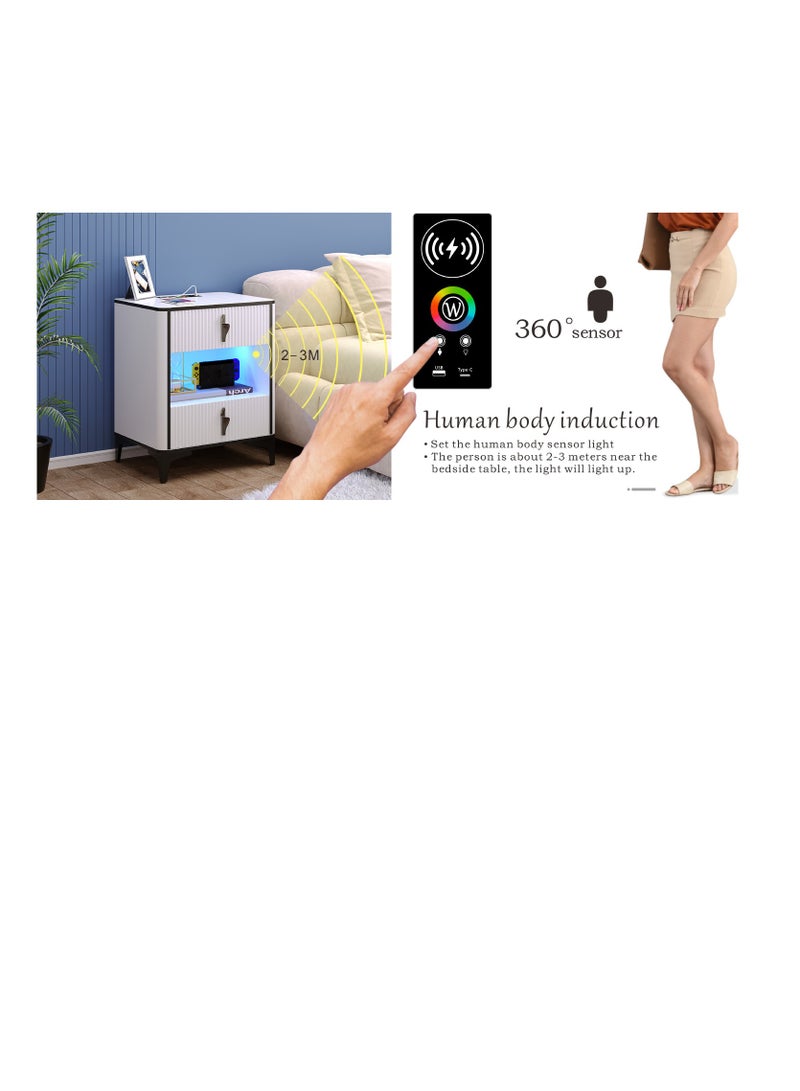  CityRiya-Long طاولة ليلية ذكية / جنب السرير مع الشحن اللاسلكي والضوء LED المنشط بالحركة ، 2 درجات ورف مفتوح ، موانئ USB / نوع C ، طاولة نهاية حديثة لغرفة النوم ، غرفة المعيشة ، مكتب (أبيض)  - Image 4