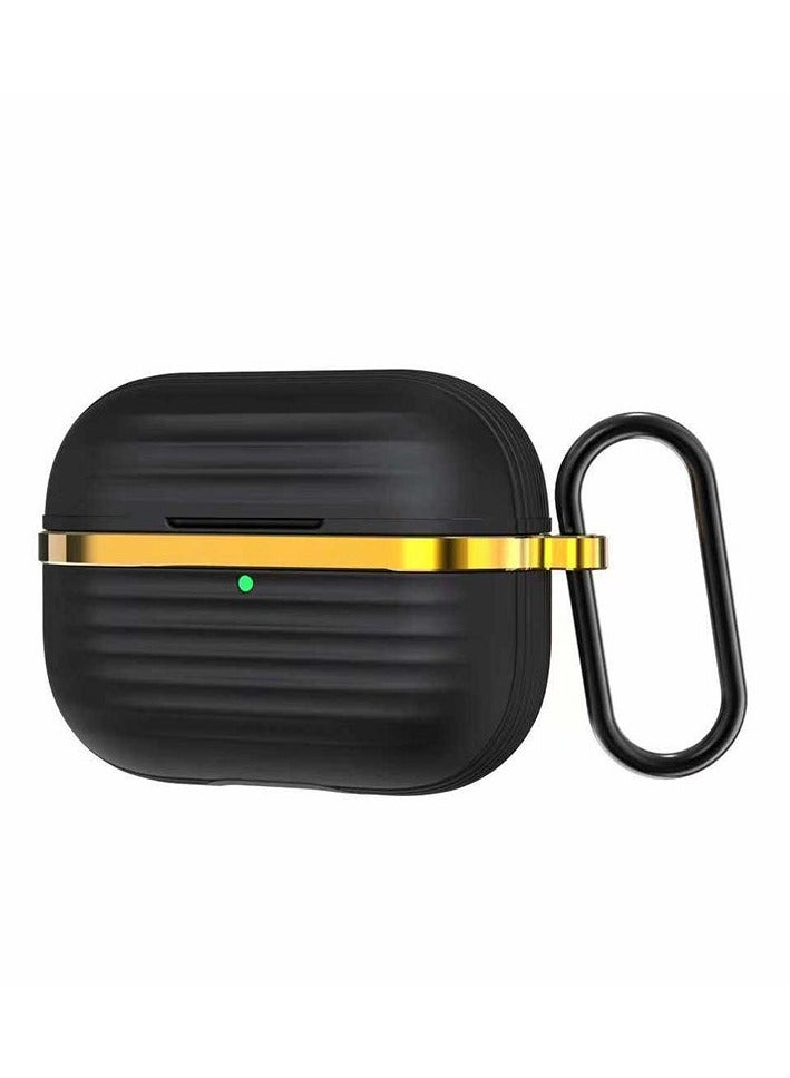 Protective Silicone Case Cover with Gold Metal and Ribbed Design for AirPods Pro 2 with Carabiner Hook Anti-Scratch, Anti-Slip Black/Gold