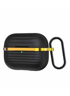 Protective Silicone Case Cover with Gold Metal and Ribbed Design for AirPods Pro 2 with Carabiner Hook Anti-Scratch, Anti-Slip Black/Gold