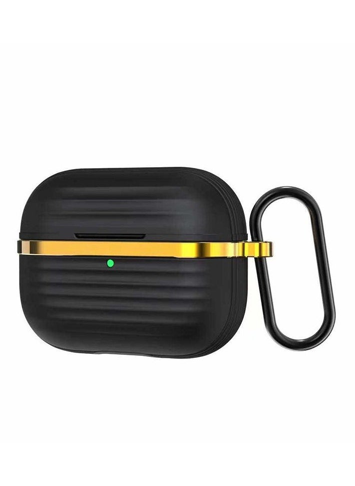 Generic - Protective Silicone Case Cover with Gold Metal and Ribbed Design for AirPods Pro 2 with Carabiner Hook Anti-Scratch, Anti-Slip Black/Gold - Image 1