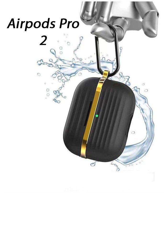 Generic - Protective Silicone Case Cover with Gold Metal and Ribbed Design for AirPods Pro 2 with Carabiner Hook Anti-Scratch, Anti-Slip Black/Gold - Image 1