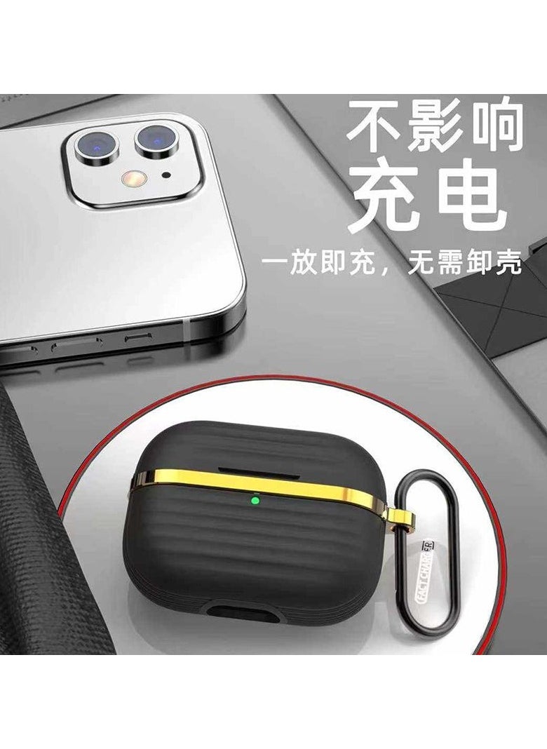 Generic - Protective Silicone Case Cover with Gold Metal and Ribbed Design for AirPods Pro 2 with Carabiner Hook Anti-Scratch, Anti-Slip Black/Gold - Image 1