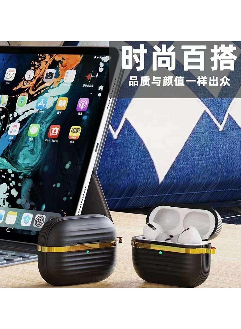 Generic - Protective Silicone Case Cover with Gold Metal and Ribbed Design for AirPods Pro 2 with Carabiner Hook Anti-Scratch, Anti-Slip Black/Gold - Image 1