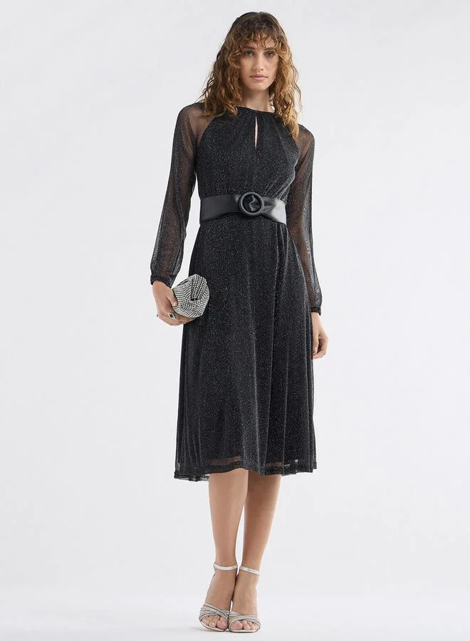 سبلاش فيڤ فستان إيه لاين بارز الملمس بأكمام طويلة وياقة بفتحة