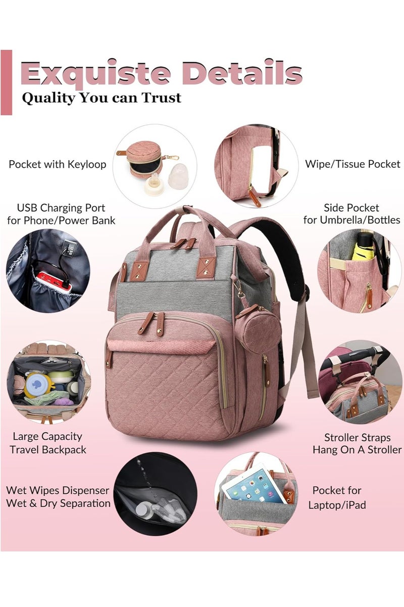 GUDOO Diaper Bag with Changing Station, Waterproof 3 in 1 Baby Diaper Backpack with Foldable Changing Pad, Pink-Grey - Image 4