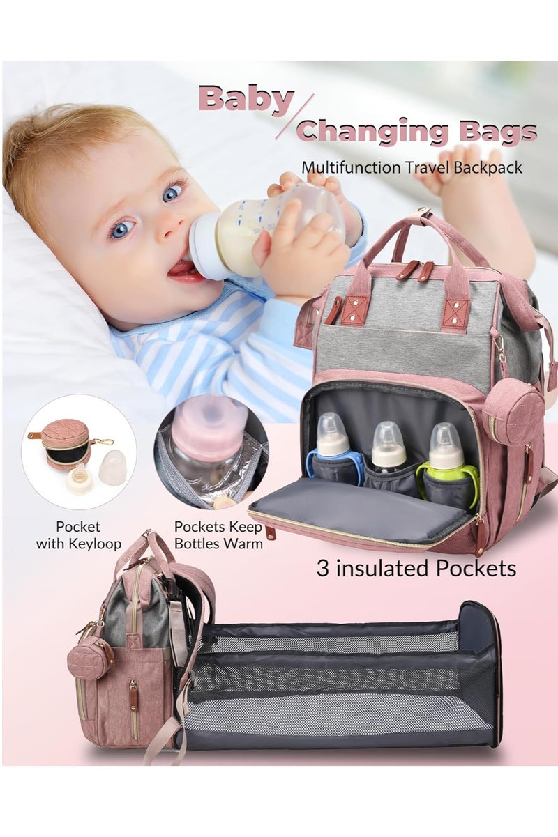GUDOO Diaper Bag with Changing Station, Waterproof 3 in 1 Baby Diaper Backpack with Foldable Changing Pad, Pink-Grey - Image 5