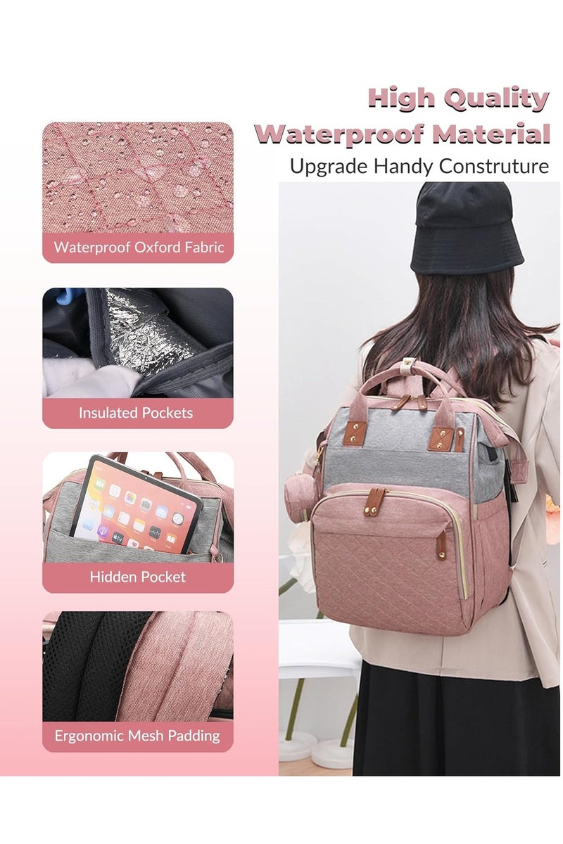 GUDOO Diaper Bag with Changing Station, Waterproof 3 in 1 Baby Diaper Backpack with Foldable Changing Pad, Pink-Grey - Image 3