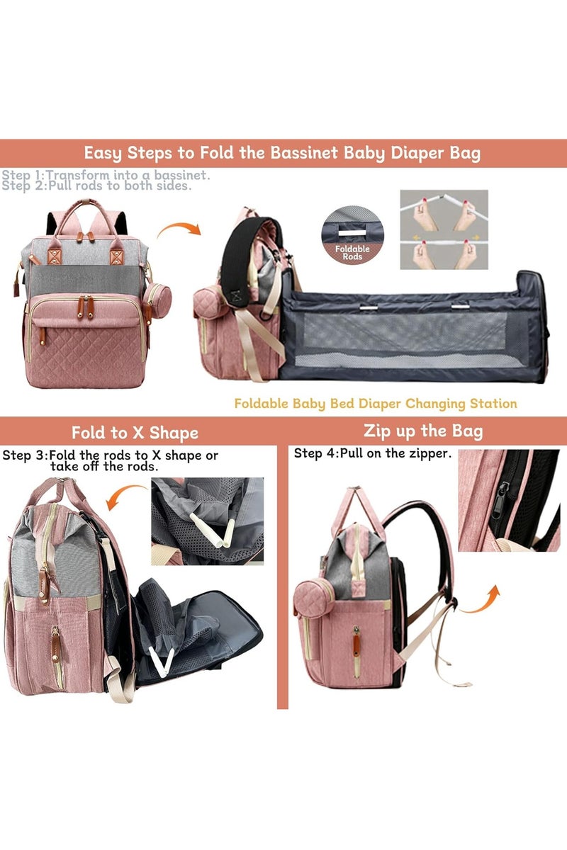 GUDOO Diaper Bag with Changing Station, Waterproof 3 in 1 Baby Diaper Backpack with Foldable Changing Pad, Pink-Grey - Image 2