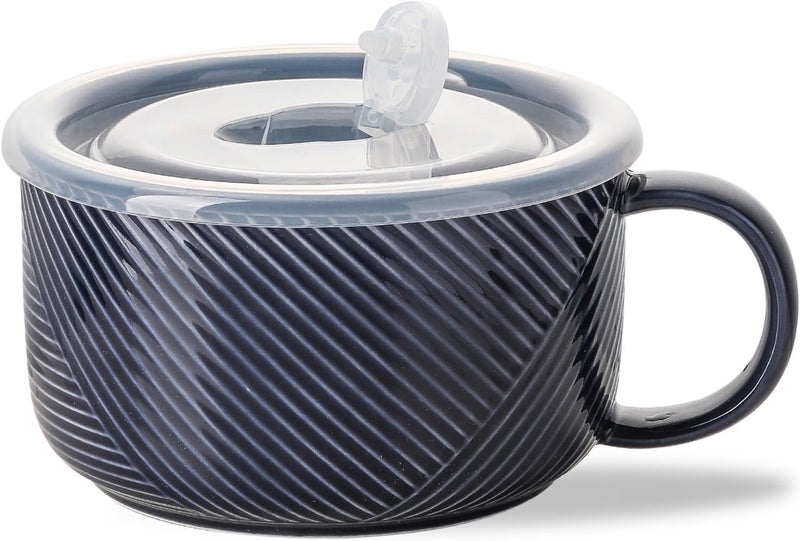 Adewnest Oversized Soup Bowl with Handle: 38 oz Ceramic Soup Mug with Lid - Microwave Safe Jumbo Food Storage Container for Ramen Cereal Breakfast Meal Prep Office Lunch Dorm Living - Navy 6 Inch - Image 1