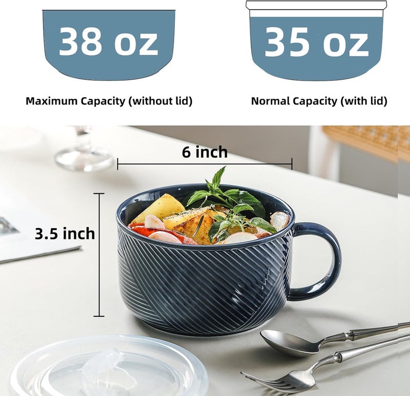 Adewnest Oversized Soup Bowl with Handle: 38 oz Ceramic Soup Mug with Lid - Microwave Safe Jumbo Food Storage Container for Ramen Cereal Breakfast Meal Prep Office Lunch Dorm Living - Navy 6 Inch - Image 2