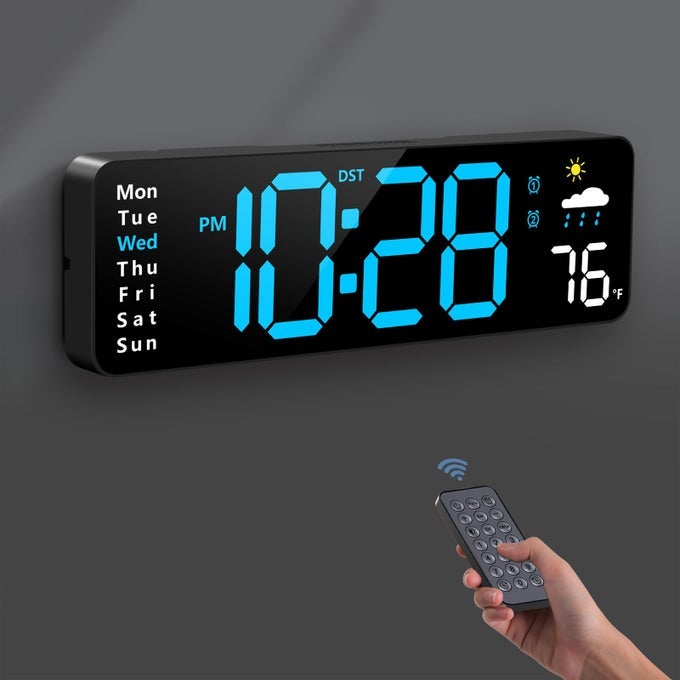 DIGITAL WALL CLOCK DIGITAL CLOCK LARGE DISPLAY WITH REMOTE CONTROL CORDED LED ALARM CLOCKS WITH DATE WEEK TEMP HUMIDITY AUTO DST COUNTDOWN FOR LIVING ROOM BEDROOM CLASSROOM OFFICE BLUE