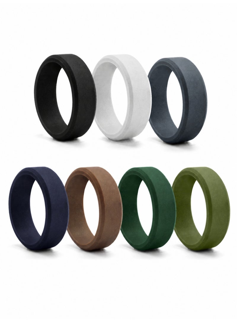 7-Pack Silicone Rings for Men, 8mm Wide Beveled Edge Silicone Wedding Bands, Flexible Sport Rings for Outdoor Activities, Size 10 - Image 1