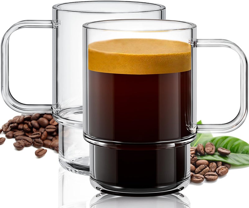 Aquach 22oz Stackable Glass Mugs with Handle Set of 2  Large Clear Coffee Cups for Latte Cappuccino Mocha Americano and Tea