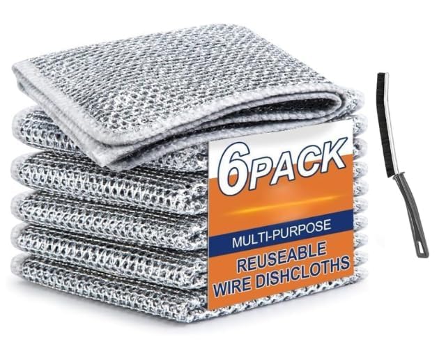Rylan 6 Pack Non-Scratch Wire Dishcloth & Gaps Cleaning Brush, Multipurpose Wire Dishwashing Rags for Wet and Dry, Easy Rinsing, Reusable, Wire Cleaning Cloth for Kitchen, Sinks (6 Cloth+1 Brush) - Image 1