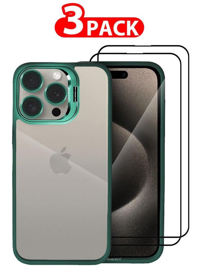 CATANES - 3 Pack iPhone 15 Pro Case Cover and Lens Protector and 2 Screen Protectors Built-in Camera Stand and Compatible with MagSafe Full Body Shockproof Case Clear Green - Image 1