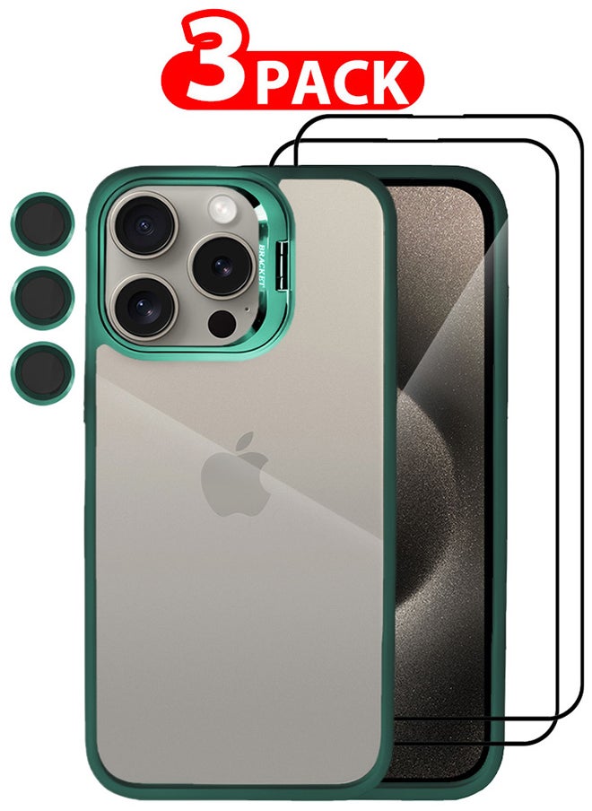 CATANES - 3 Pack iPhone 15 Pro Case Cover and Lens Protector and 2 Screen Protectors Built-in Camera Stand and Compatible with MagSafe Full Body Shockproof Case Clear Green - Image 1