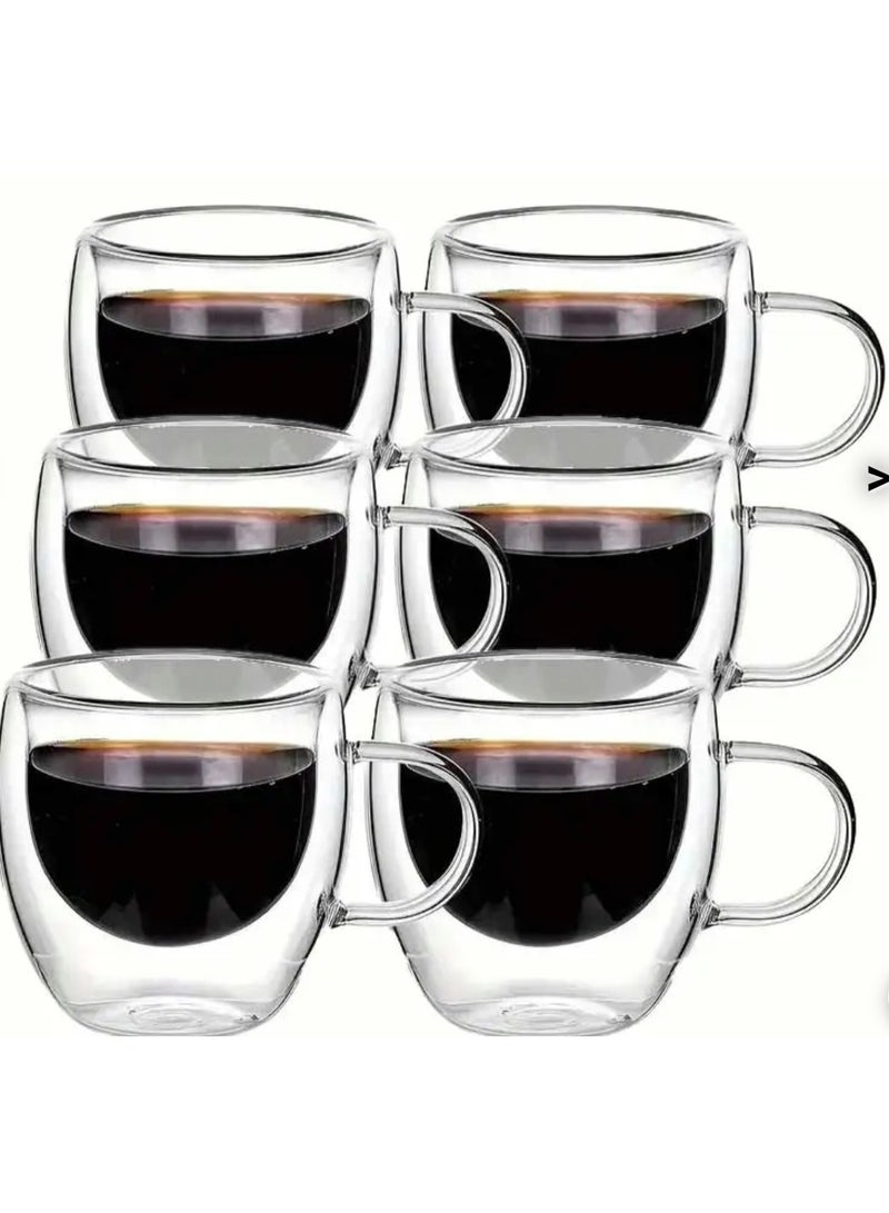 إيباسكت أكواب قهوة زجاجية مزدوجة الجدران مكونة من 6 قطع بمقبض، أكواب قهوة صغيرة معزولة بطبقة، أكواب شفافة من البورسليكات، مثالية للقهوة والشاي واللاتيه  بسعة 75 مل - Image 3